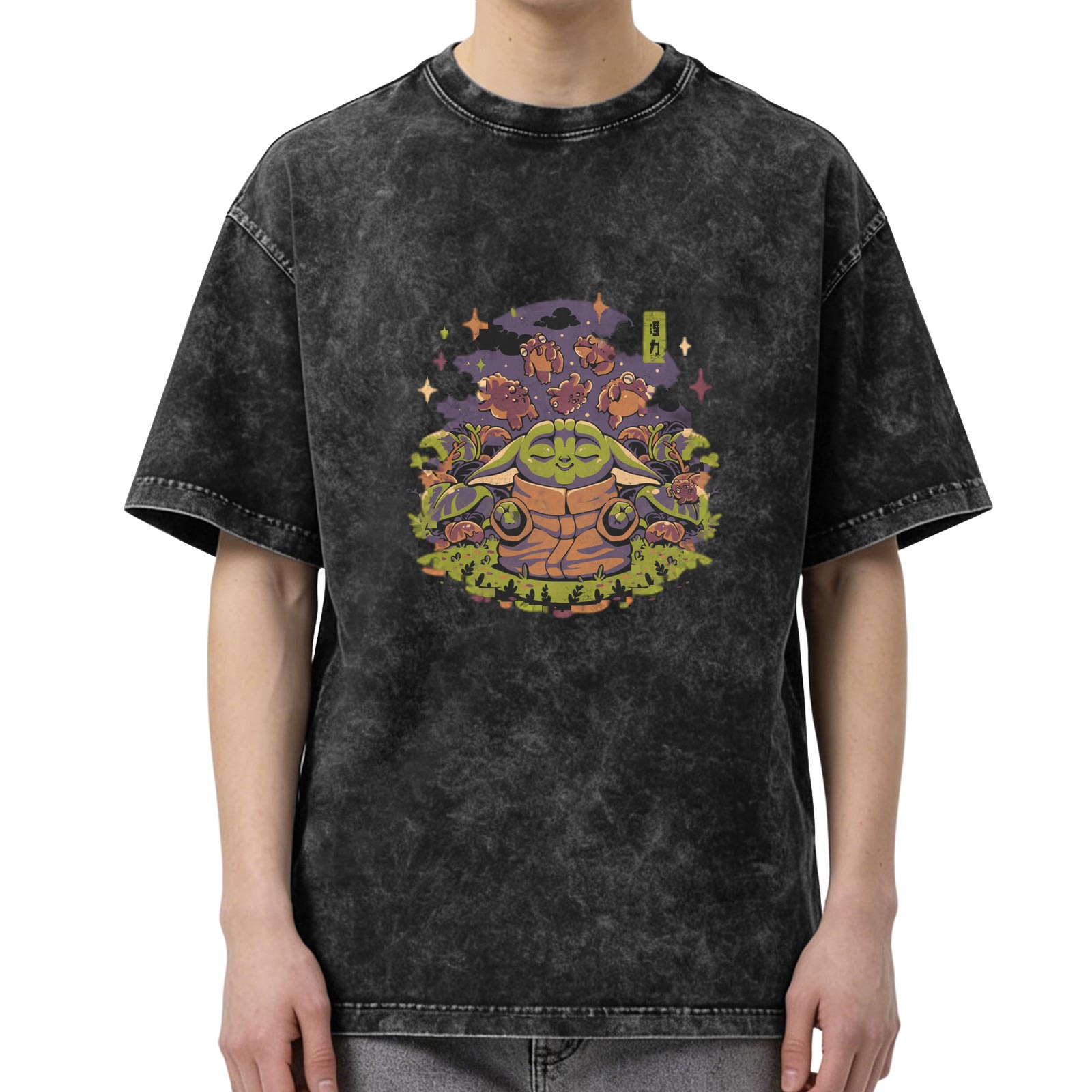 Baby Alien Meditating Graphic Stonewashed Black T-Shirt