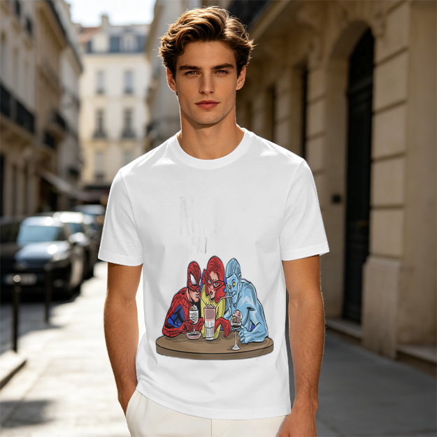 Olive T-Shirt With Superhero Characters Sharing Drinks Print