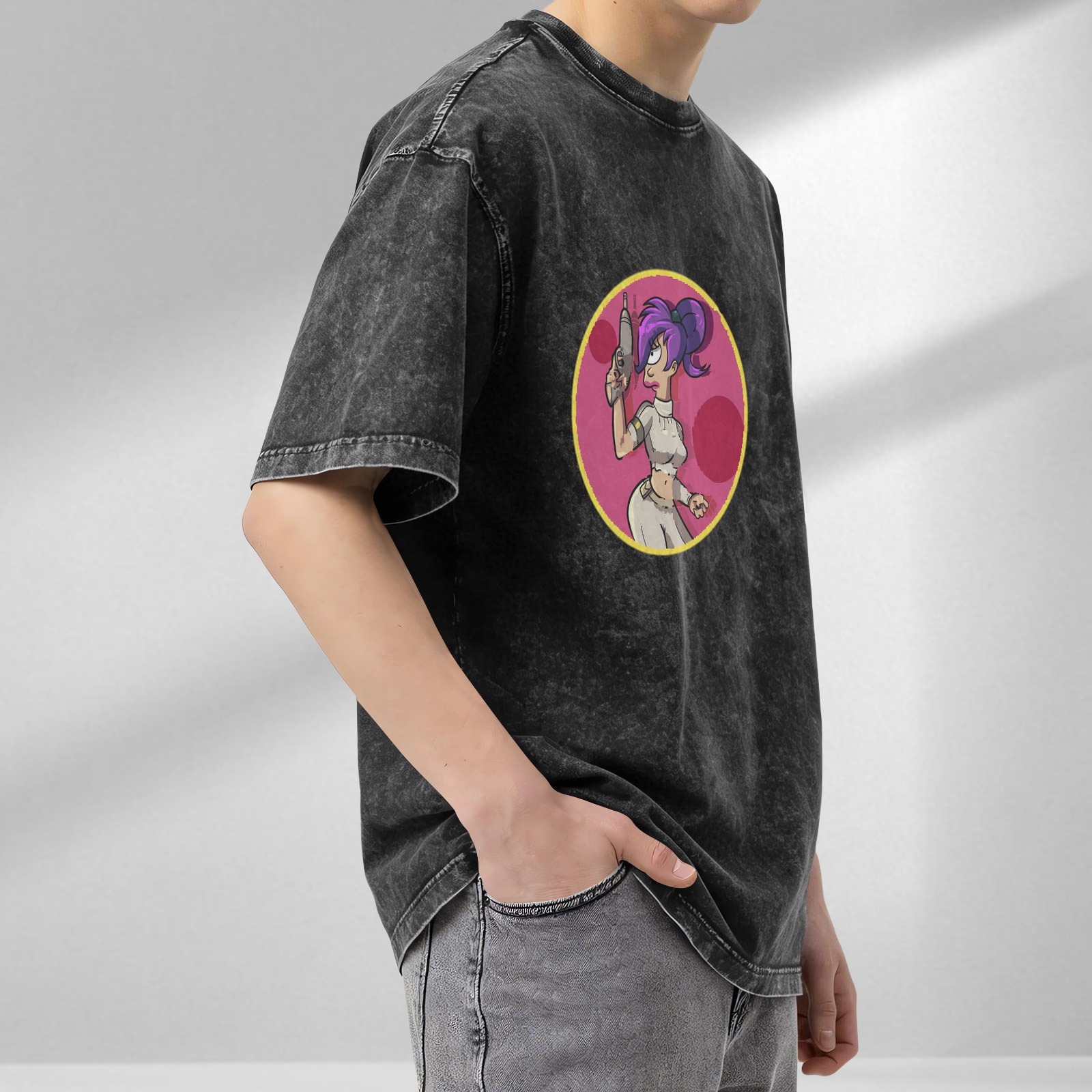 Washed black graphic tee with futuristic space character print