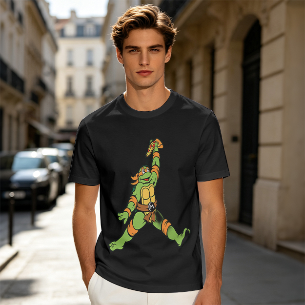 Olive T-Shirt with Michelangelo Ninja Turtle Holding Pizza Print