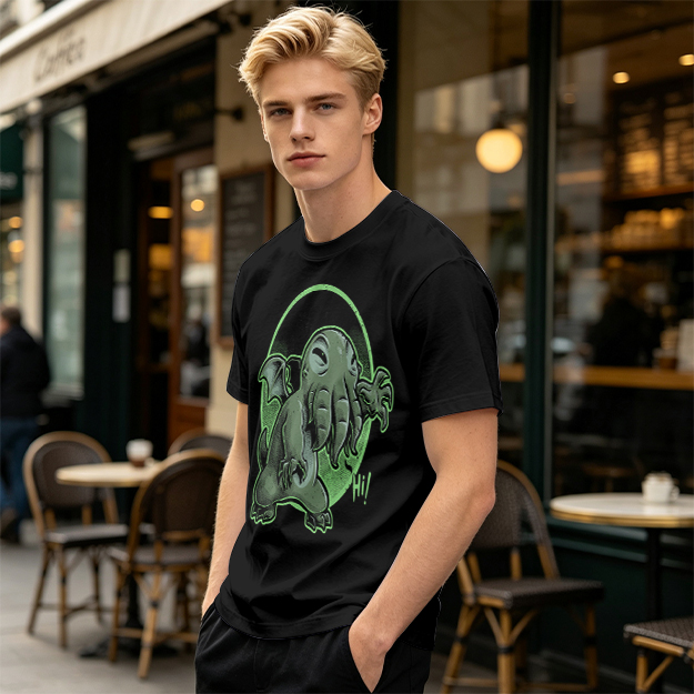 Olive T-Shirt Featuring Cute Cartoon Cthulhu Saying Hi