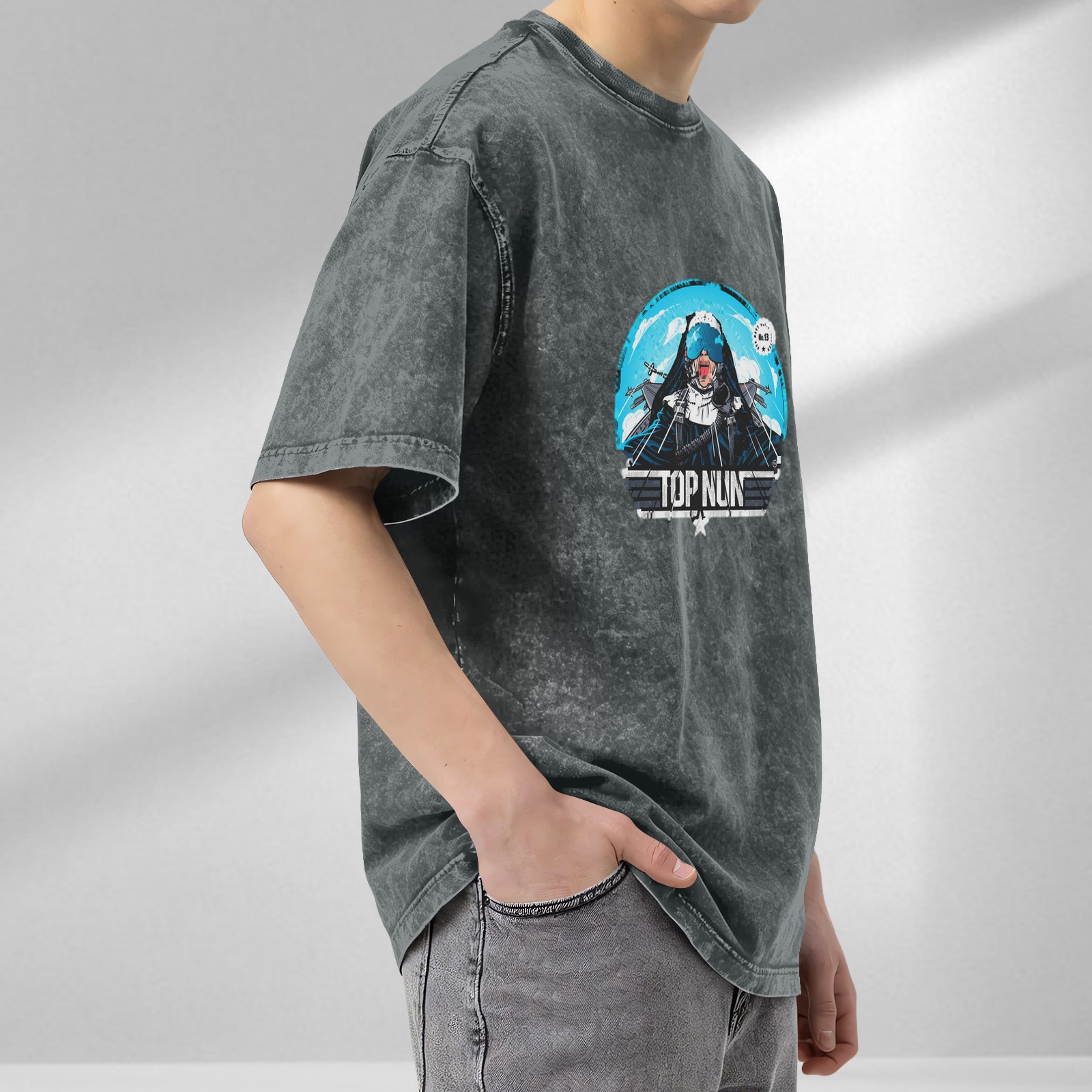 Oversized Dark Wash Graphic Tee With Top Nun Pilot Print