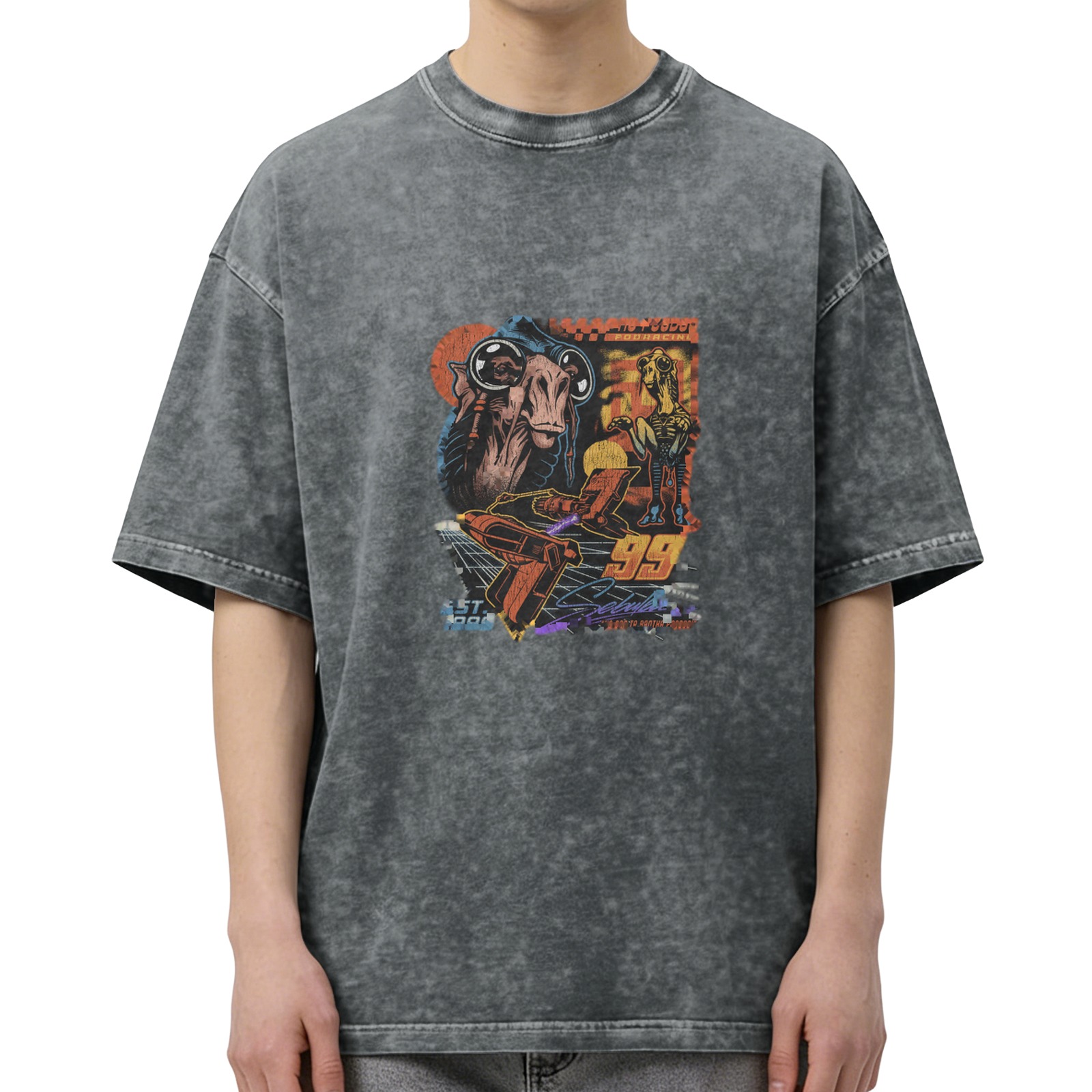 Oversized Acid Wash T-Shirt with Retro Sci-Fi Alien Racing Graphic