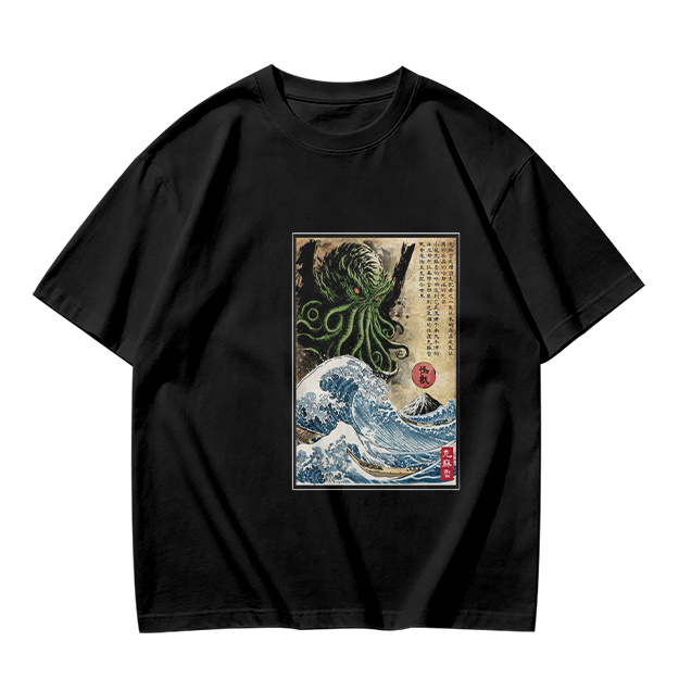 Olive T-shirt with Cthulhu Great Wave Japanese Art Print
