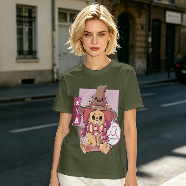 Olive T-Shirt With Cute Lion Wizard Graphic Print