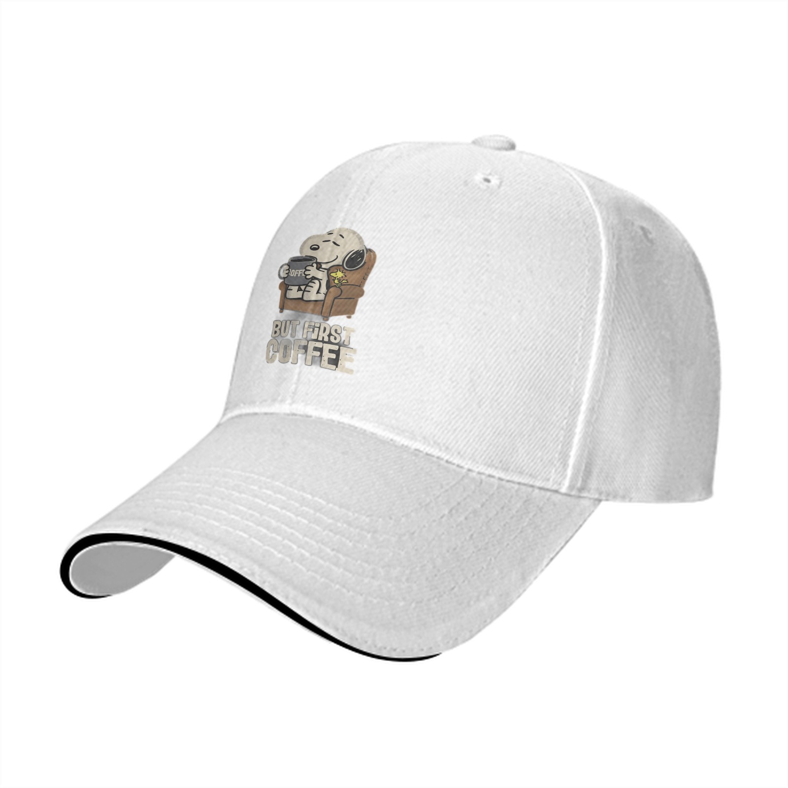 Black baseball cap with Snoopy 'But First Coffee' graphic