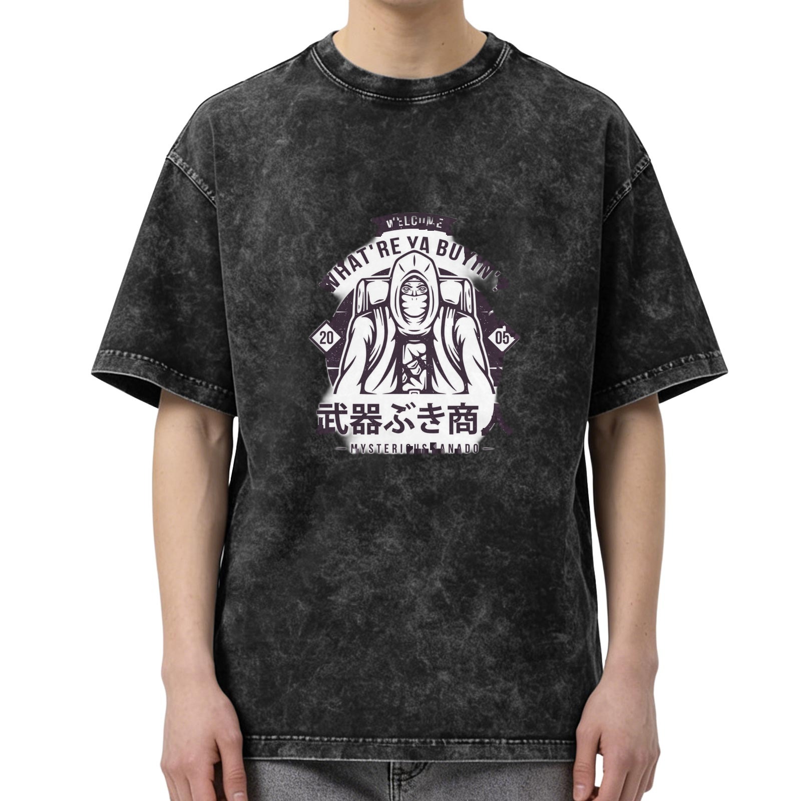 Oversized Acid Wash T-Shirt With Mysterious Anime Merchant Graphic