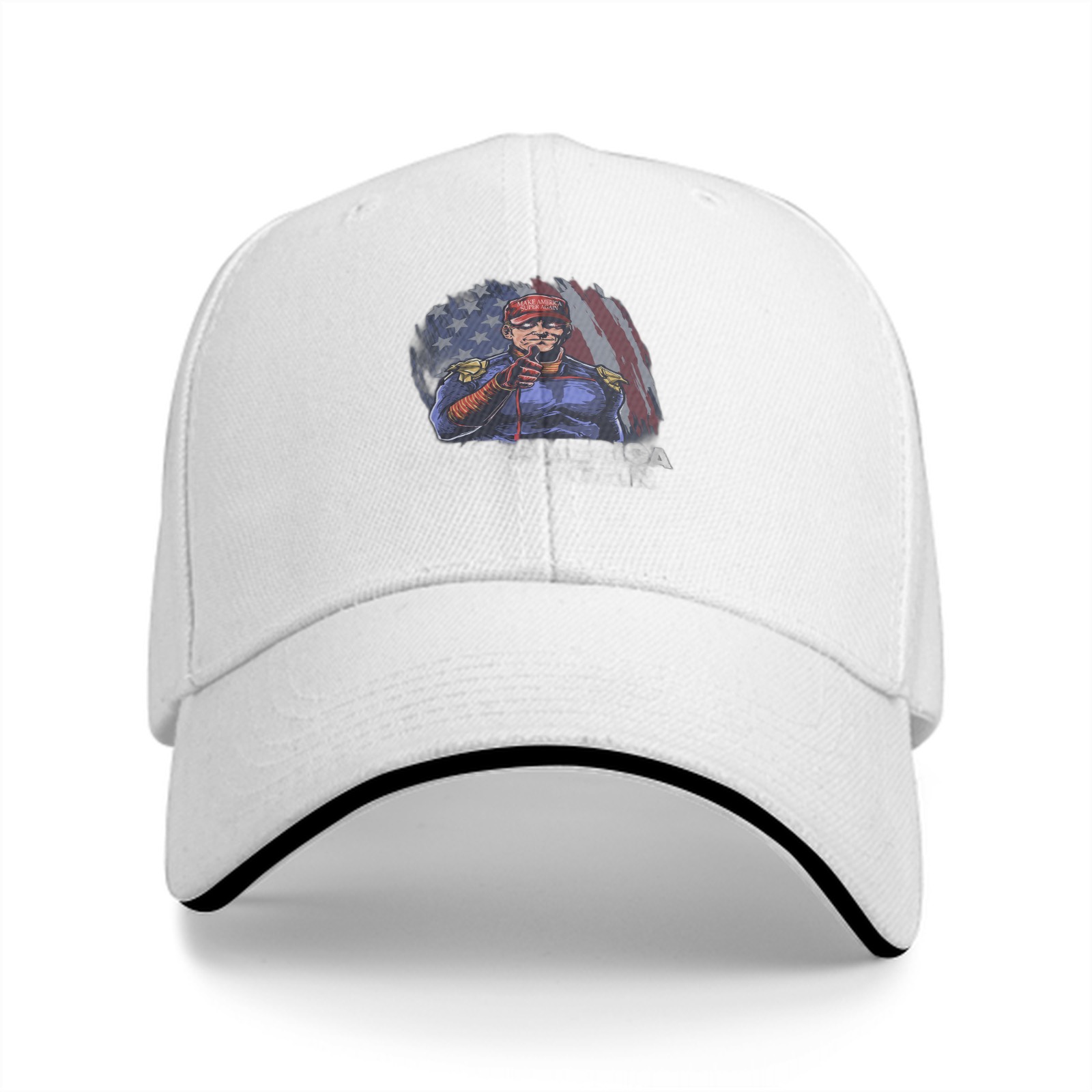 Black baseball cap with patriotic superhero graphic print