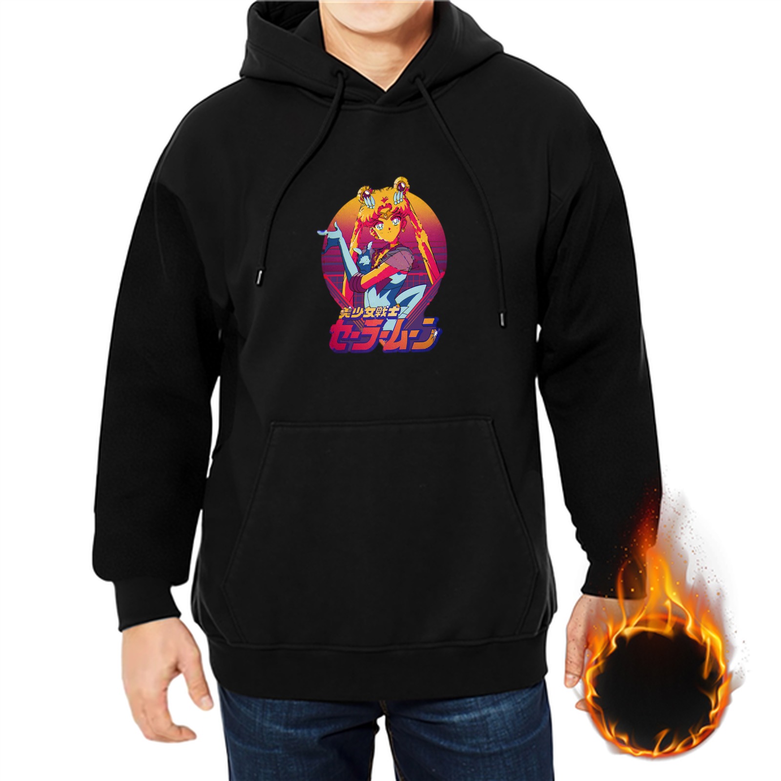 Black hoodie with retro anime character graphic print