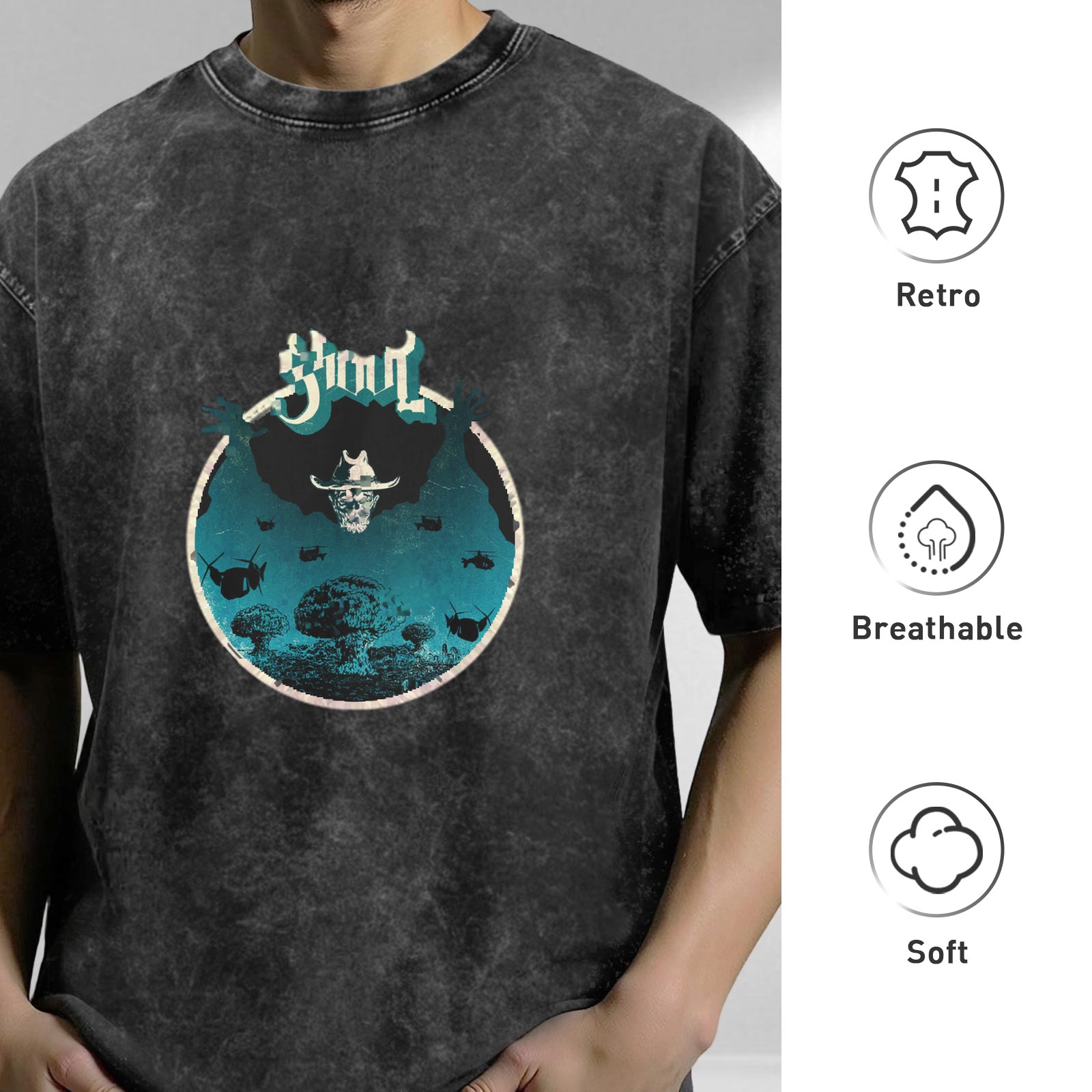 Washed Black Graphic T-Shirt with Skull and Mushroom Cloud Art
