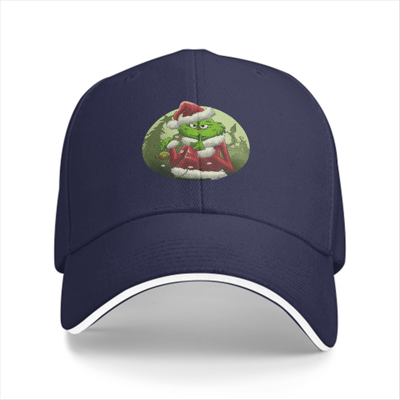 Black baseball cap with Grinch in Santa costume graphic