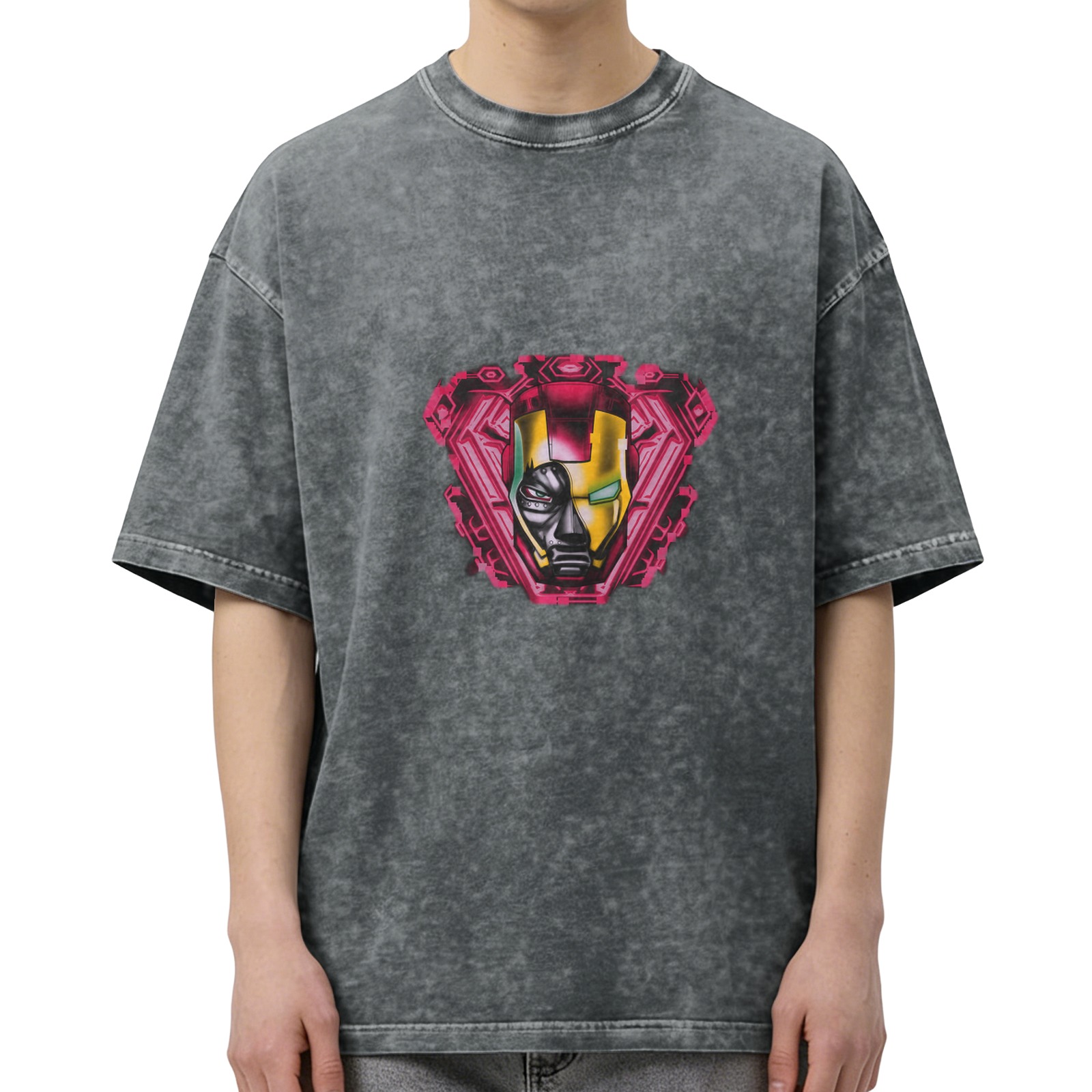 Oversized Acid Wash T-Shirt With Iron Man Graphic