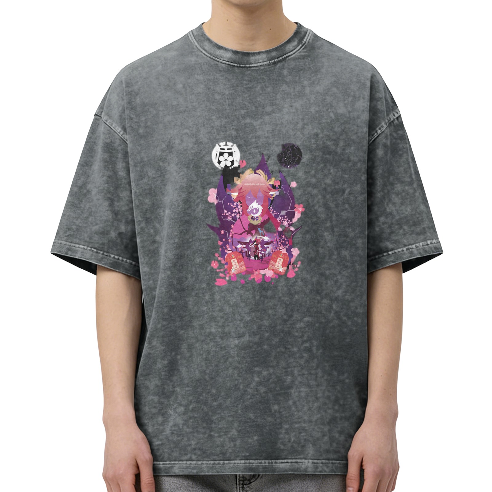 Washed Black Anime Graphic T-Shirt with Cherry Blossom Design