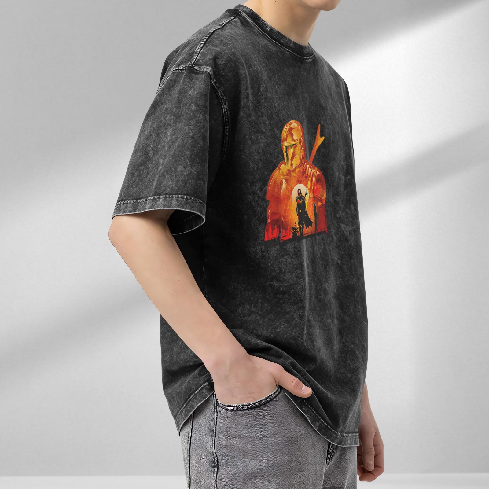 Washed black t-shirt with Mandalorian sunset graphic print