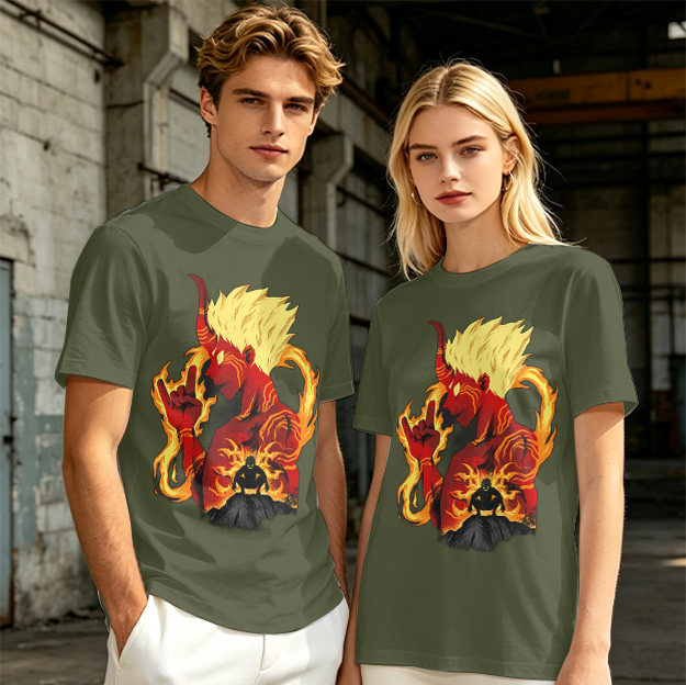 Oni Demon Flame Graphic Olive Green Casual T-Shirt