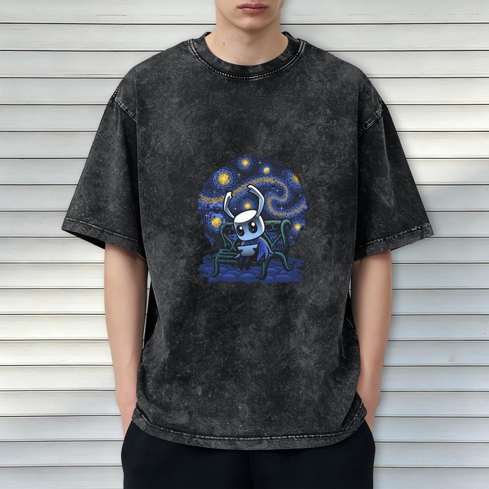 Hollow Knight Starry Night Graphic Oversized Acid Wash T-Shirt