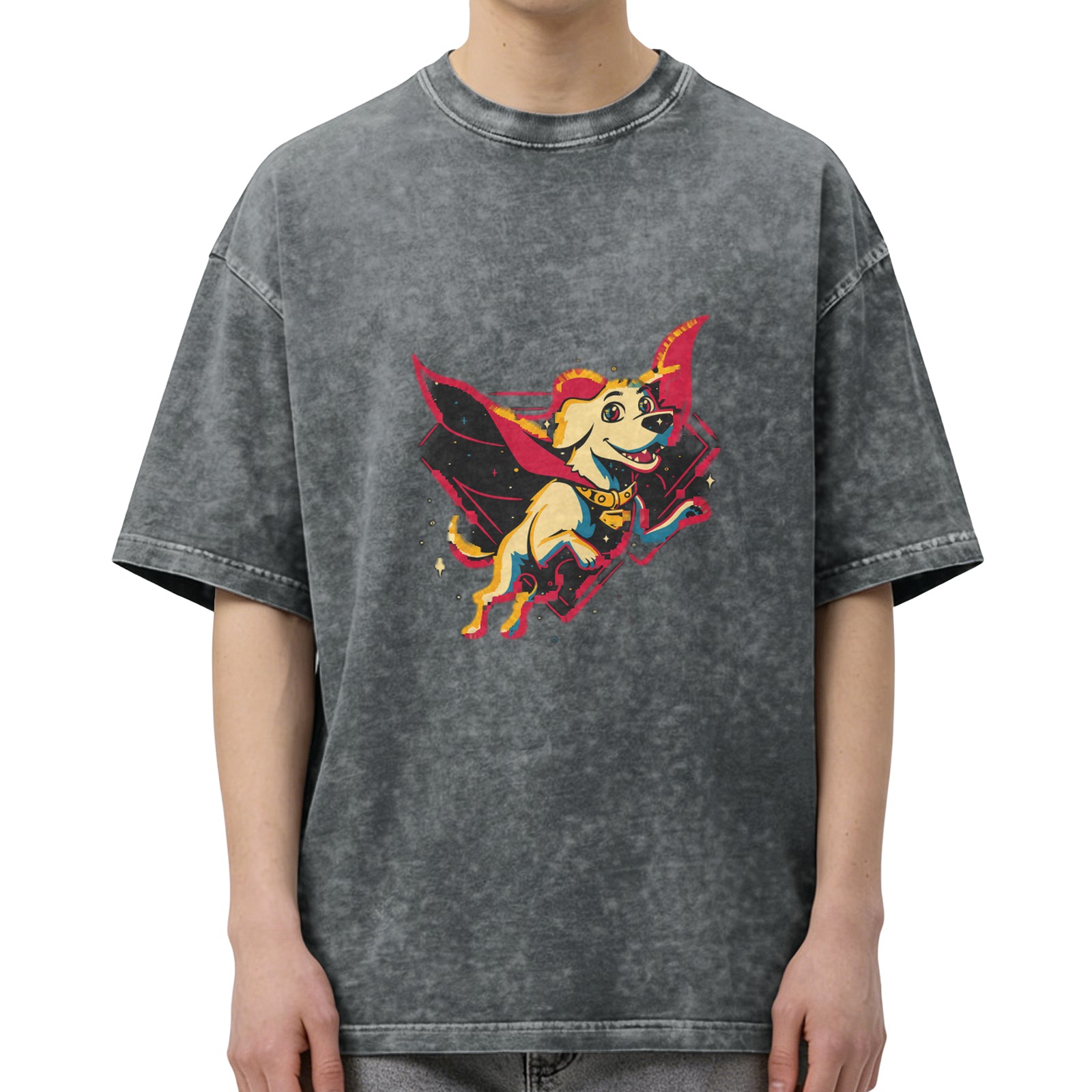 Oversized Dark Wash T-Shirt With Superhero Dog Graphic