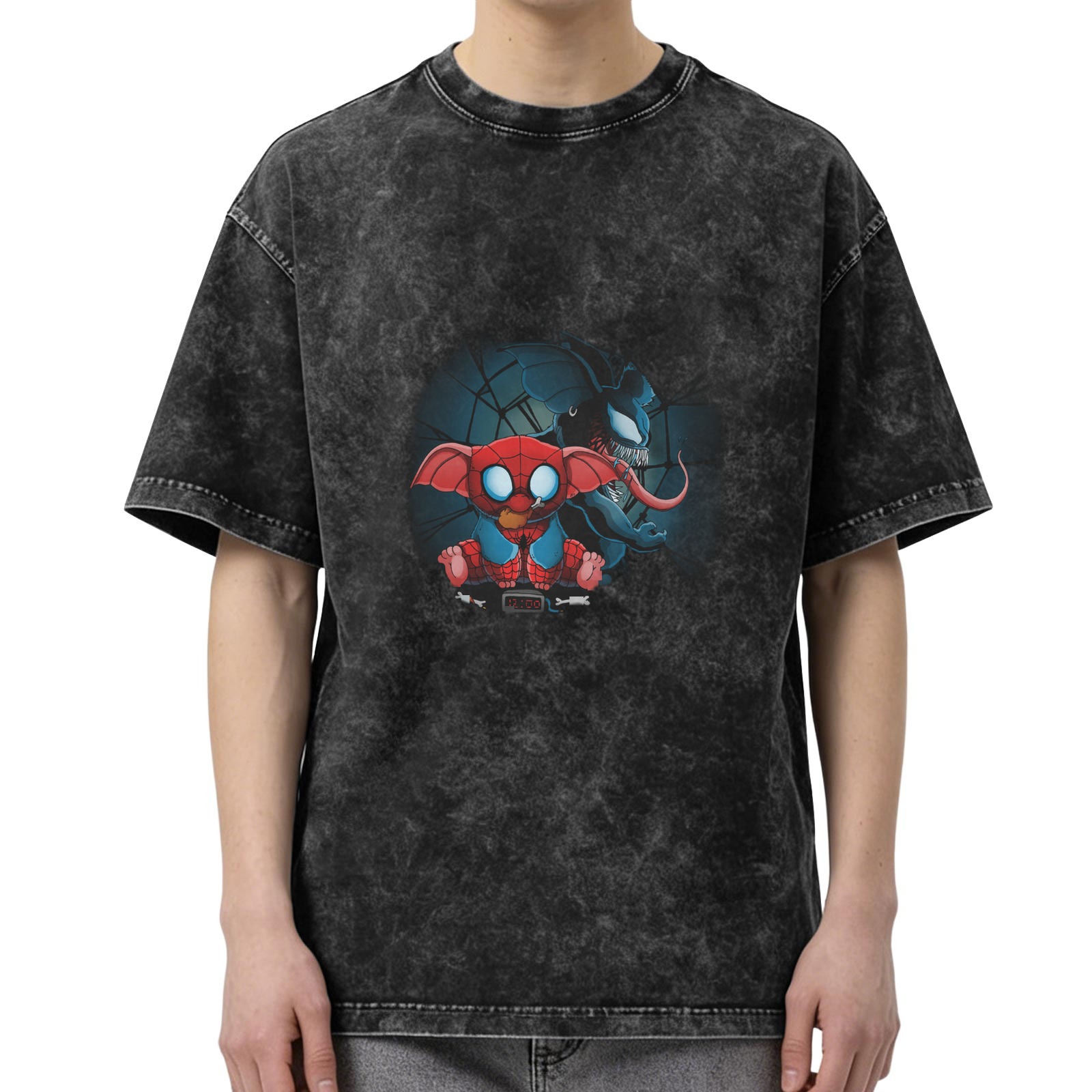 Washed black oversized t-shirt with Spider-Man Stitch and Venom graphic