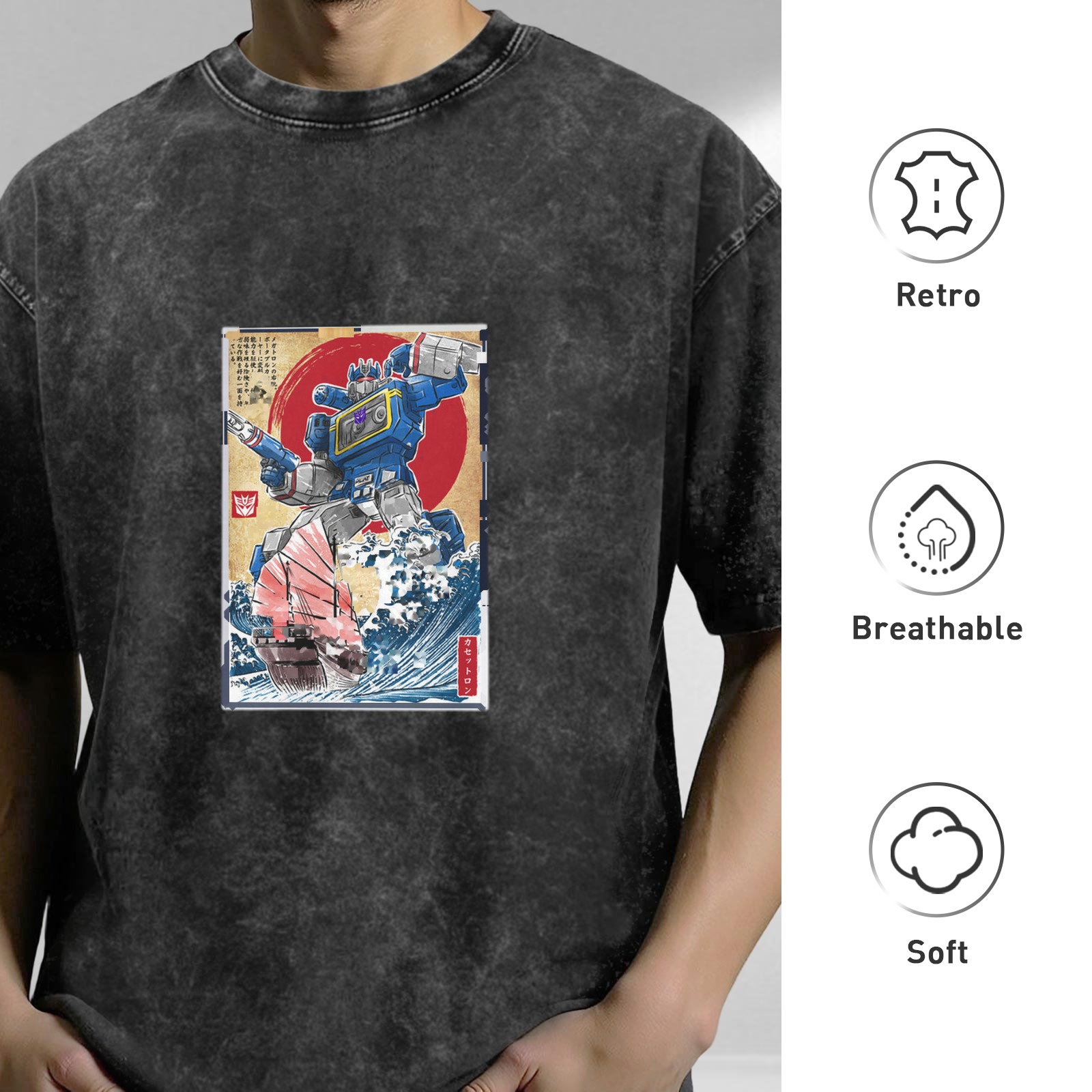 Retro washed black loose short-sleeved T-shirt Ukiyo-e Transformers sonic print