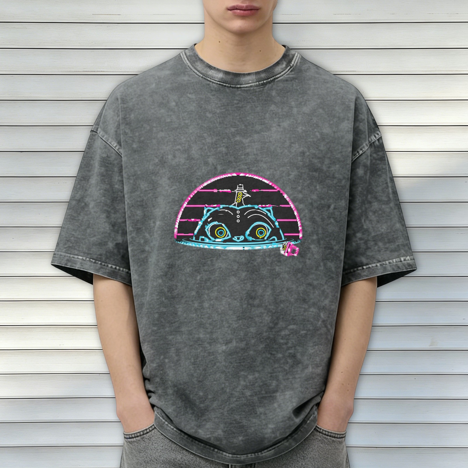 Washed black graphic t-shirt with neon cyber cat design
