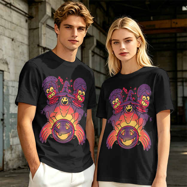 Olive T-Shirt With Halloween Three-Headed Witch And Jack-O'-Lantern Print