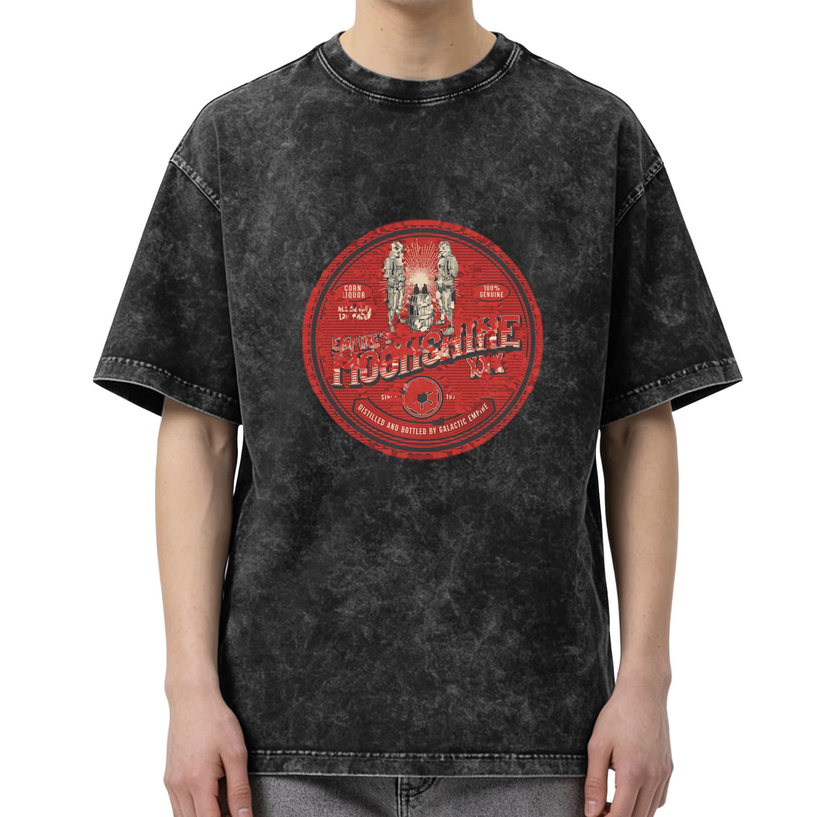 Vintage Black Acid Wash T-Shirt with Red Galactic Moonshine Graphic