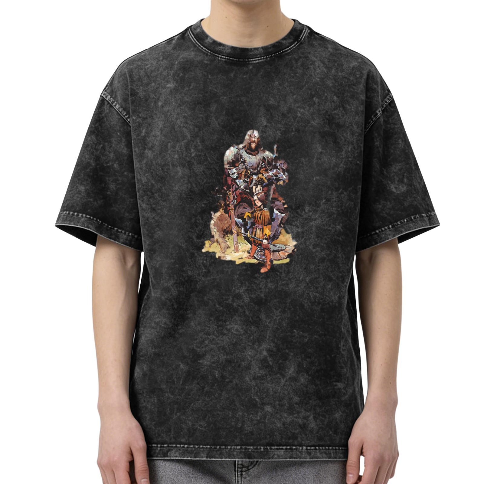 oversized washed black t-shirt with medieval warrior graphic print