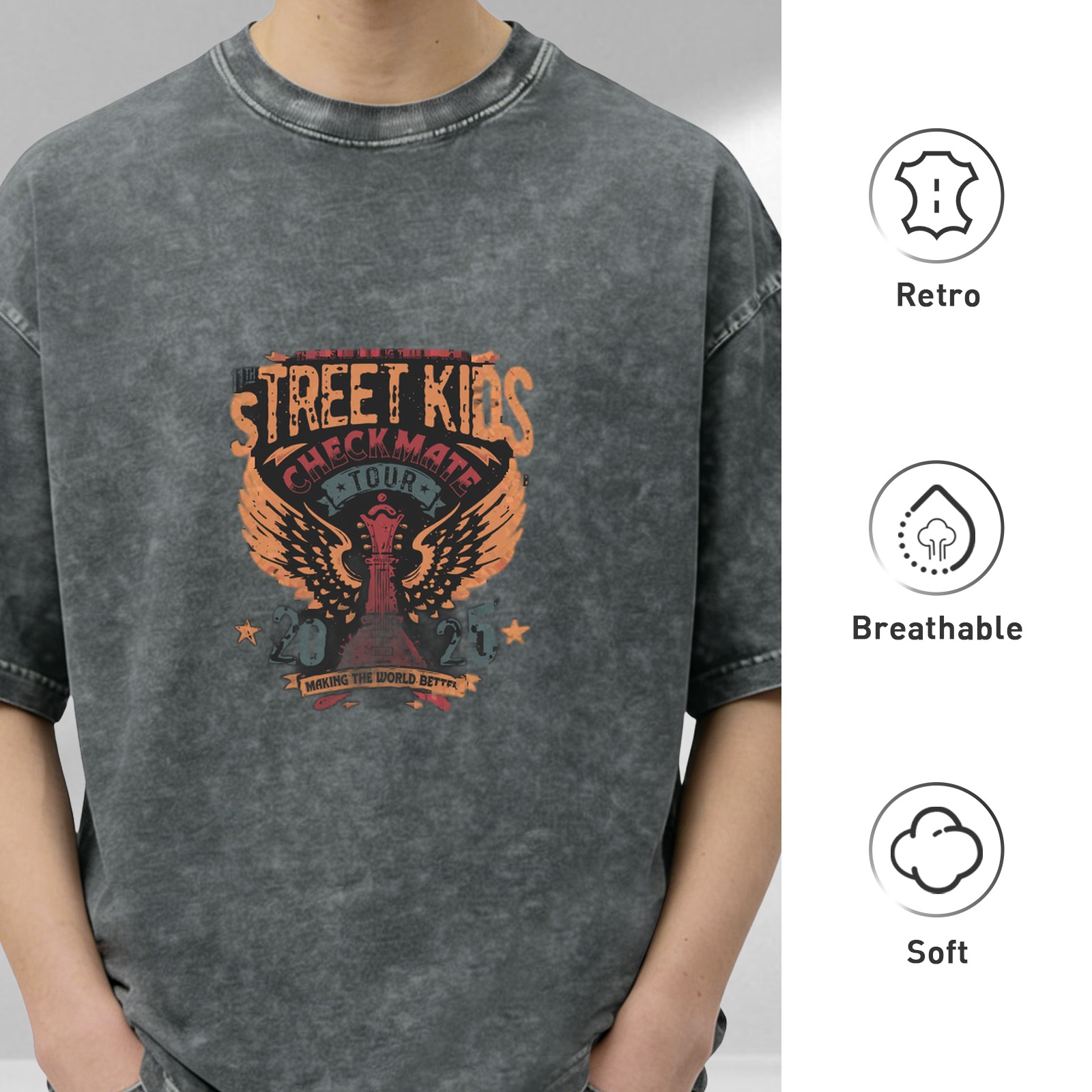 Washed black graphic tee with Street Kids Checkmate Tour 2025 print