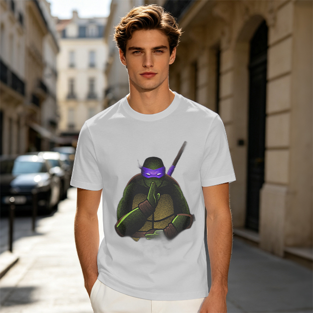 Olive Green T-Shirt Featuring Purple Masked Ninja Turtle Graphic