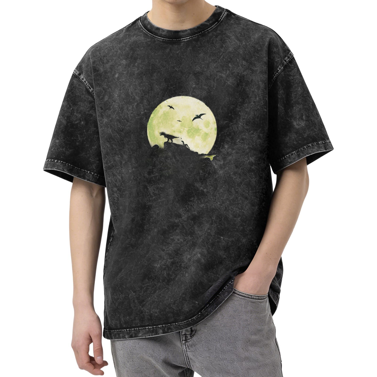 Vintage Acid Wash T-Shirt with Dinosaur Moon Silhouette Graphic