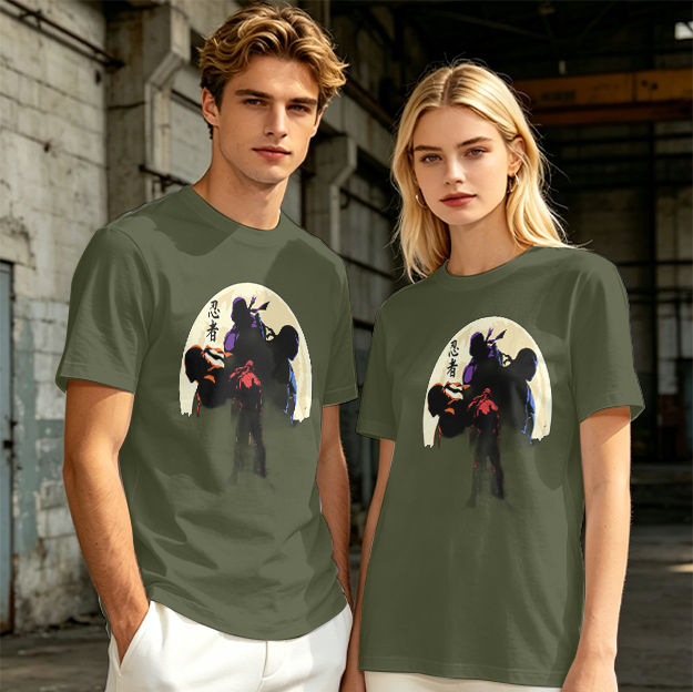 Olive T-shirt with Ninja Silhouette Graphic Design