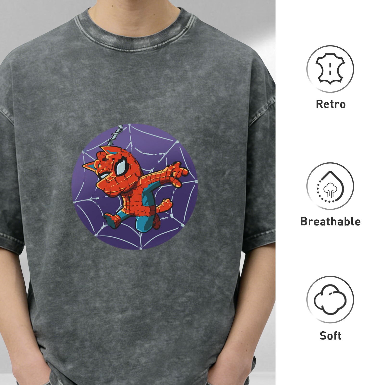 Oversized Dark Wash T-Shirt With Spider-Cat Web Print