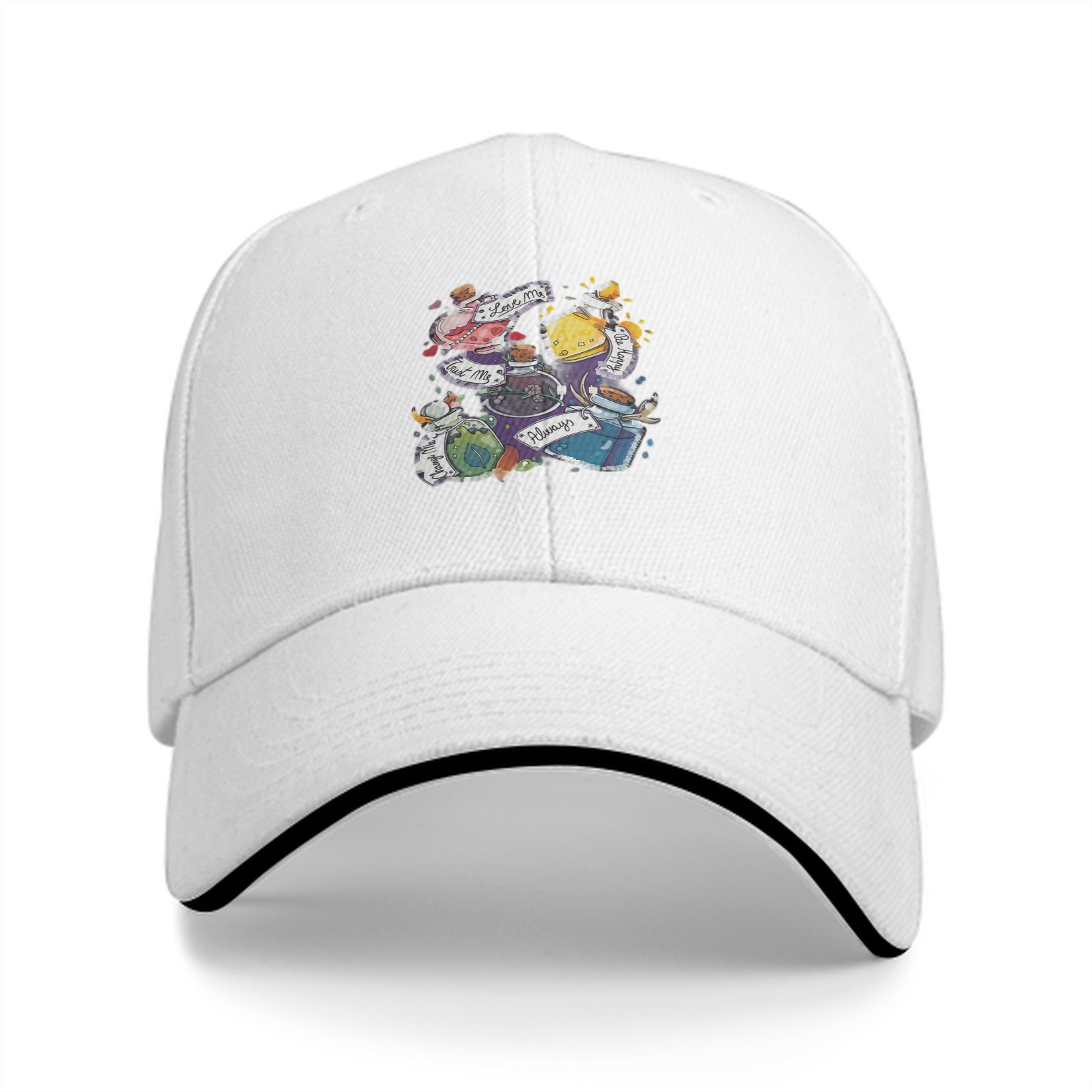 Black baseball cap with magical potion bottle graphic design