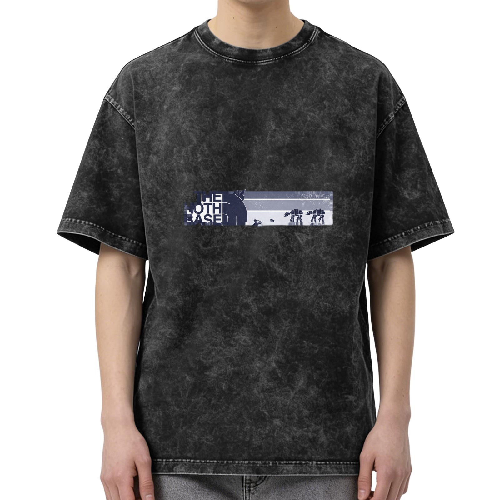 Men's Oversized Acid Wash T-Shirt with 'The Hoth Base' Star Wars Graphic Print, Black Distressed Denim-Look Fabric
