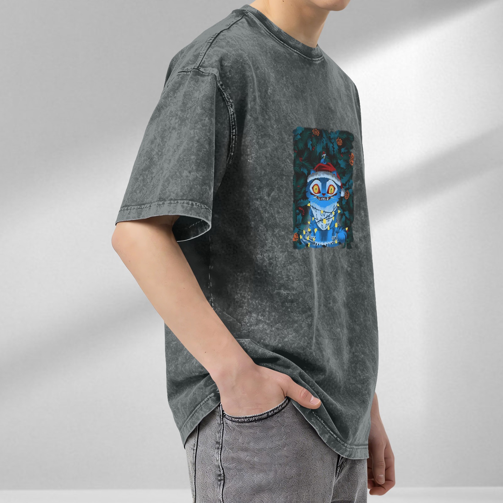 Distressed Black Christmas Blue Cat Print Short Sleeve T-Shirt