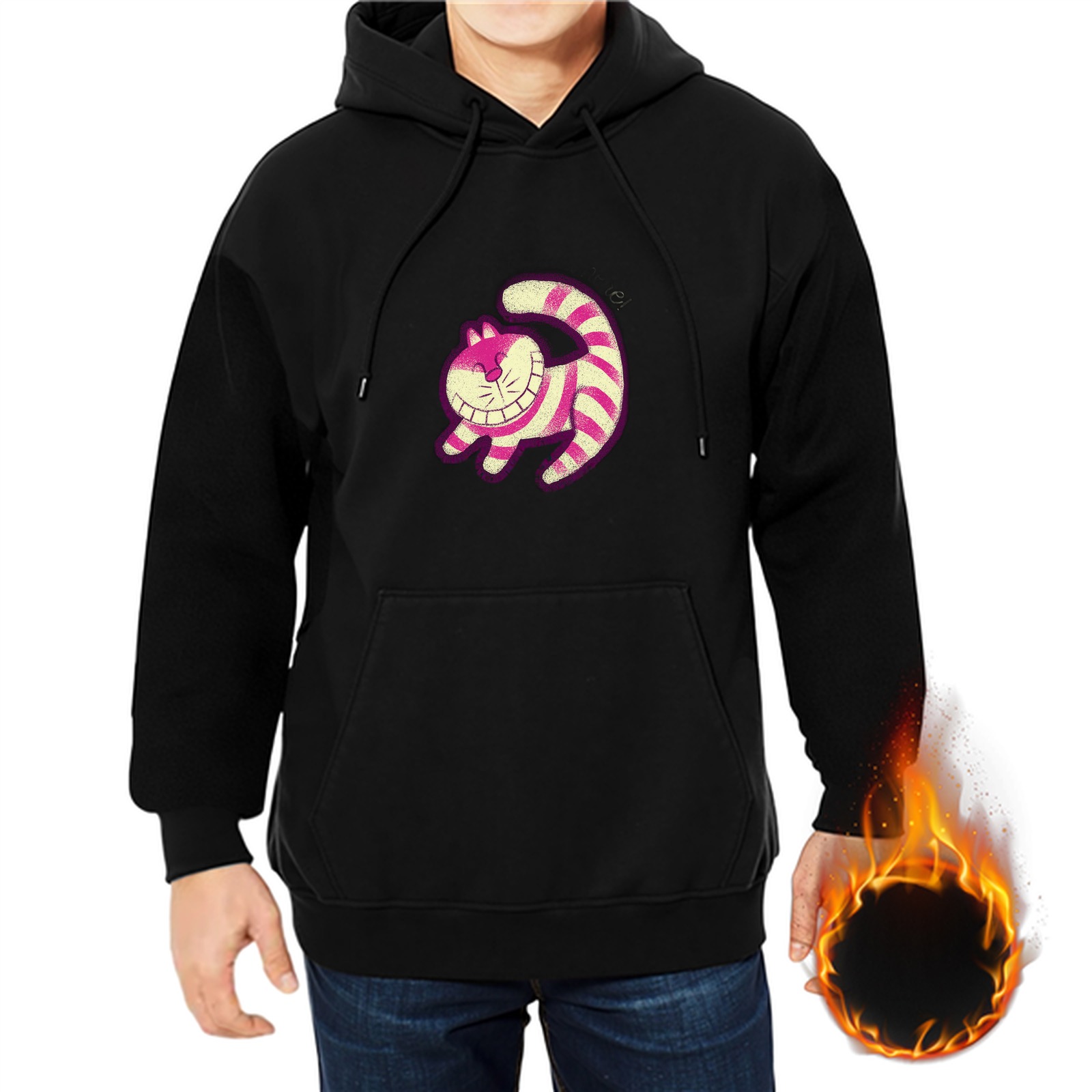 Black Hoodie with Cheshire Cat Graphic Print