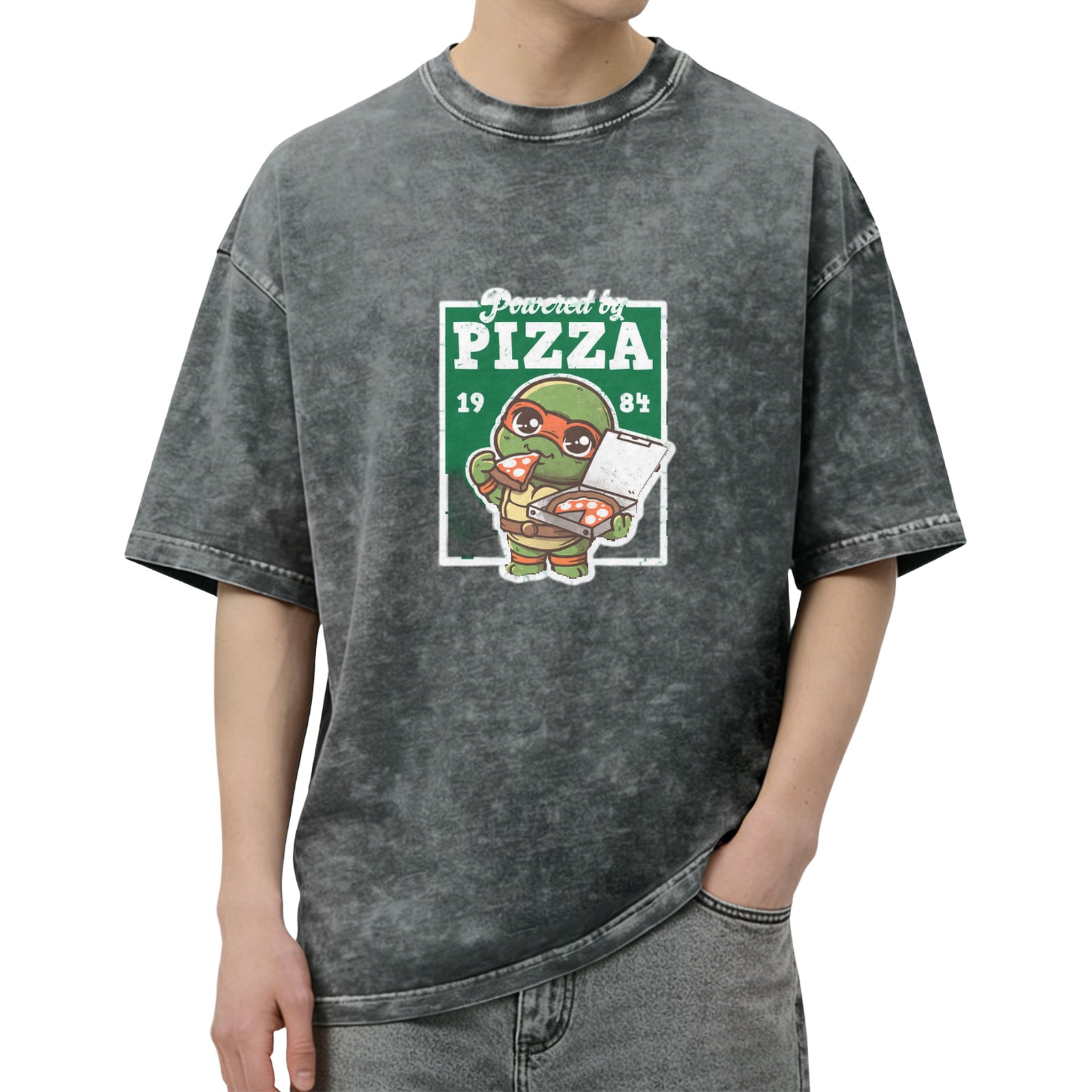 Powered by Pizza Teenage Mutant Ninja Turtle Graphic Acid Wash T-Shirt