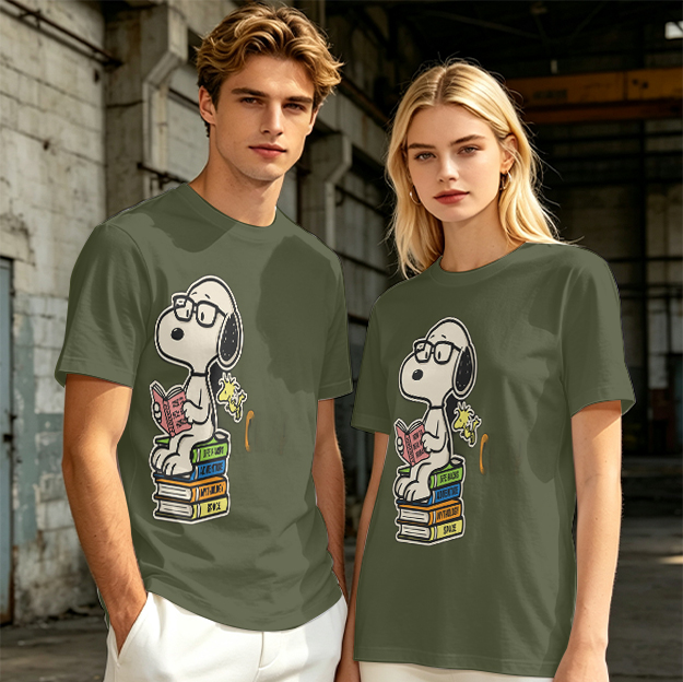 Olive T-shirt with Snoopy reading on stack of books