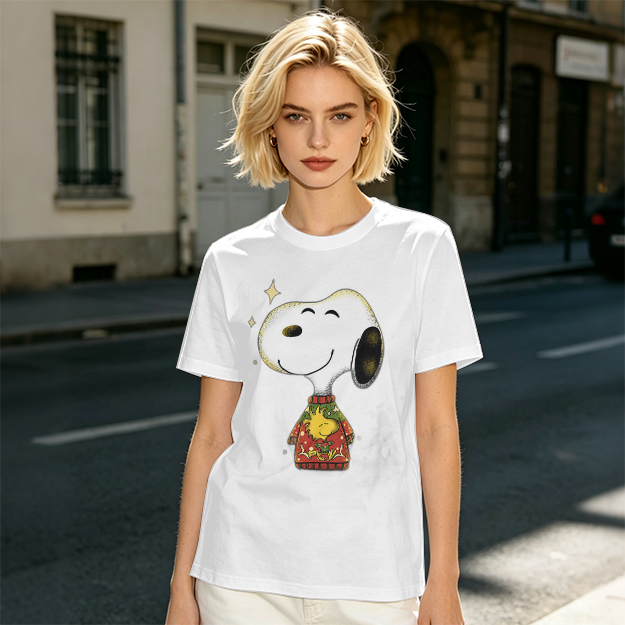 Olive T-shirt with Snoopy in Christmas Sweater Graphic