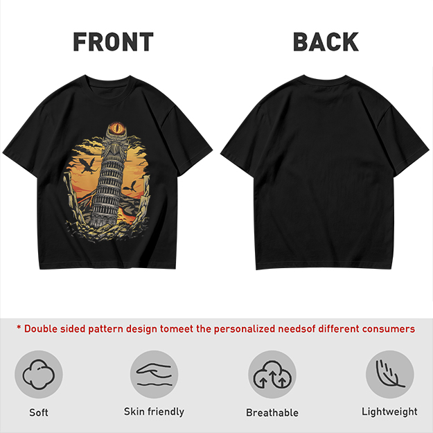 Ominous tower with eye and flying creatures graphic t-shirt