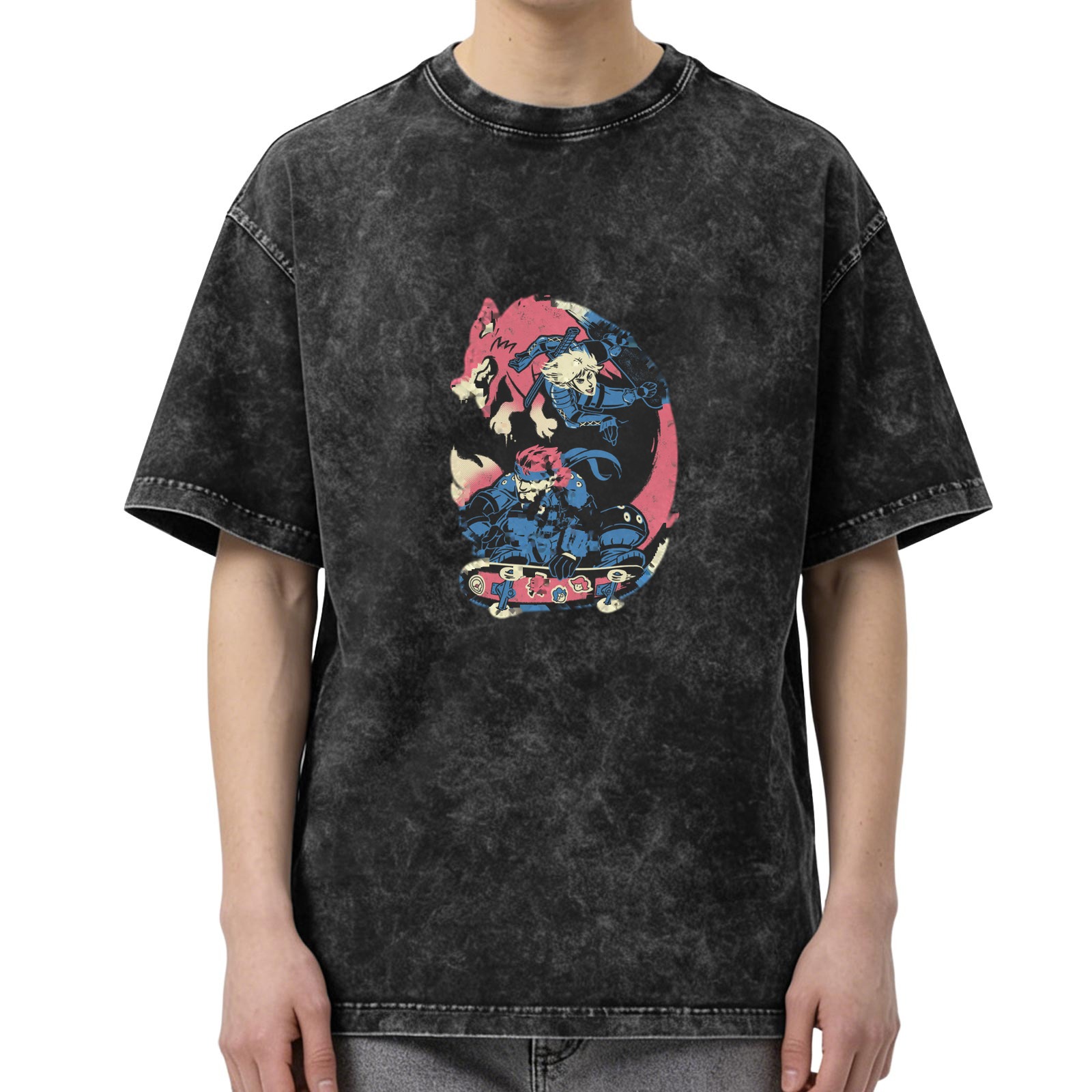 Oversized Acid Wash T-Shirt with Anime Fox and Skater Graphic