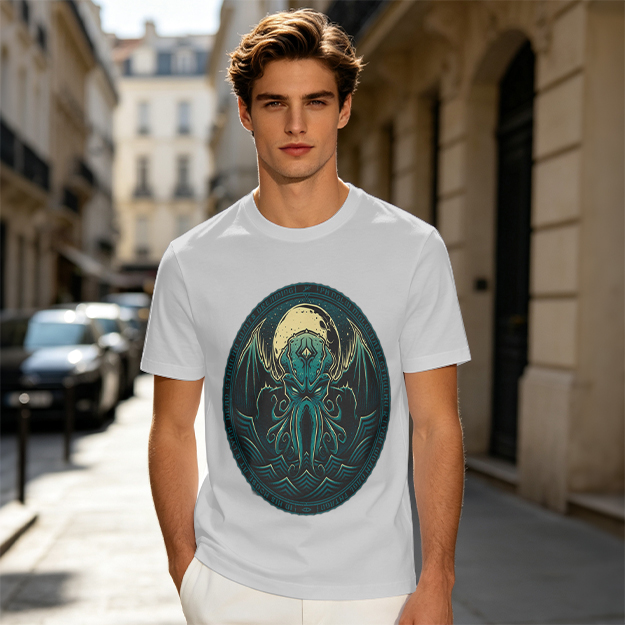 Olive Green T-Shirt with Cthulhu Monster Graphic Print