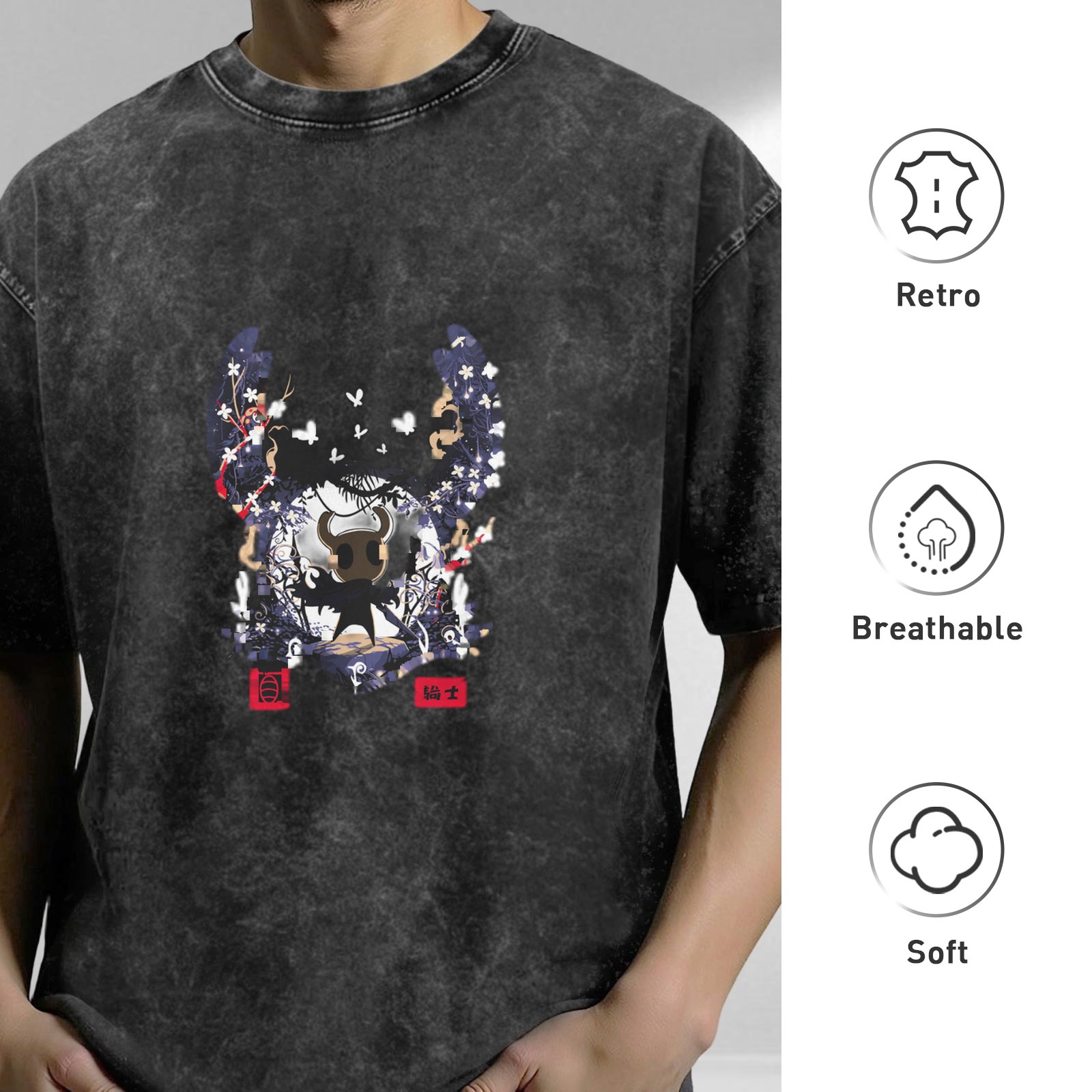 Oversized Washed Black T-Shirt with Hollow Knight Graphic Print