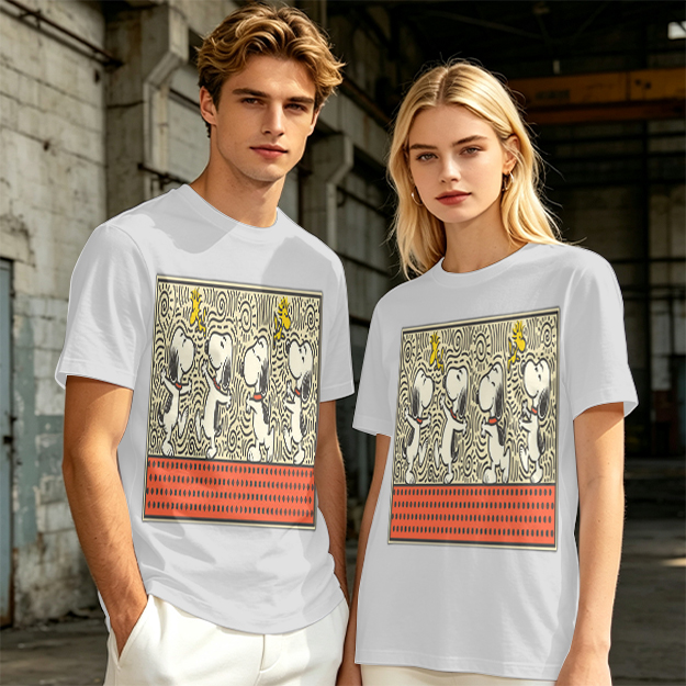 Olive T-shirt with dancing Snoopy and Woodstock graphic print