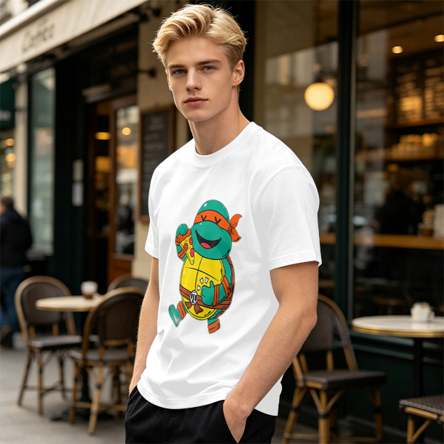 Olive T-shirt with cartoon ninja turtle holding pizza graphic