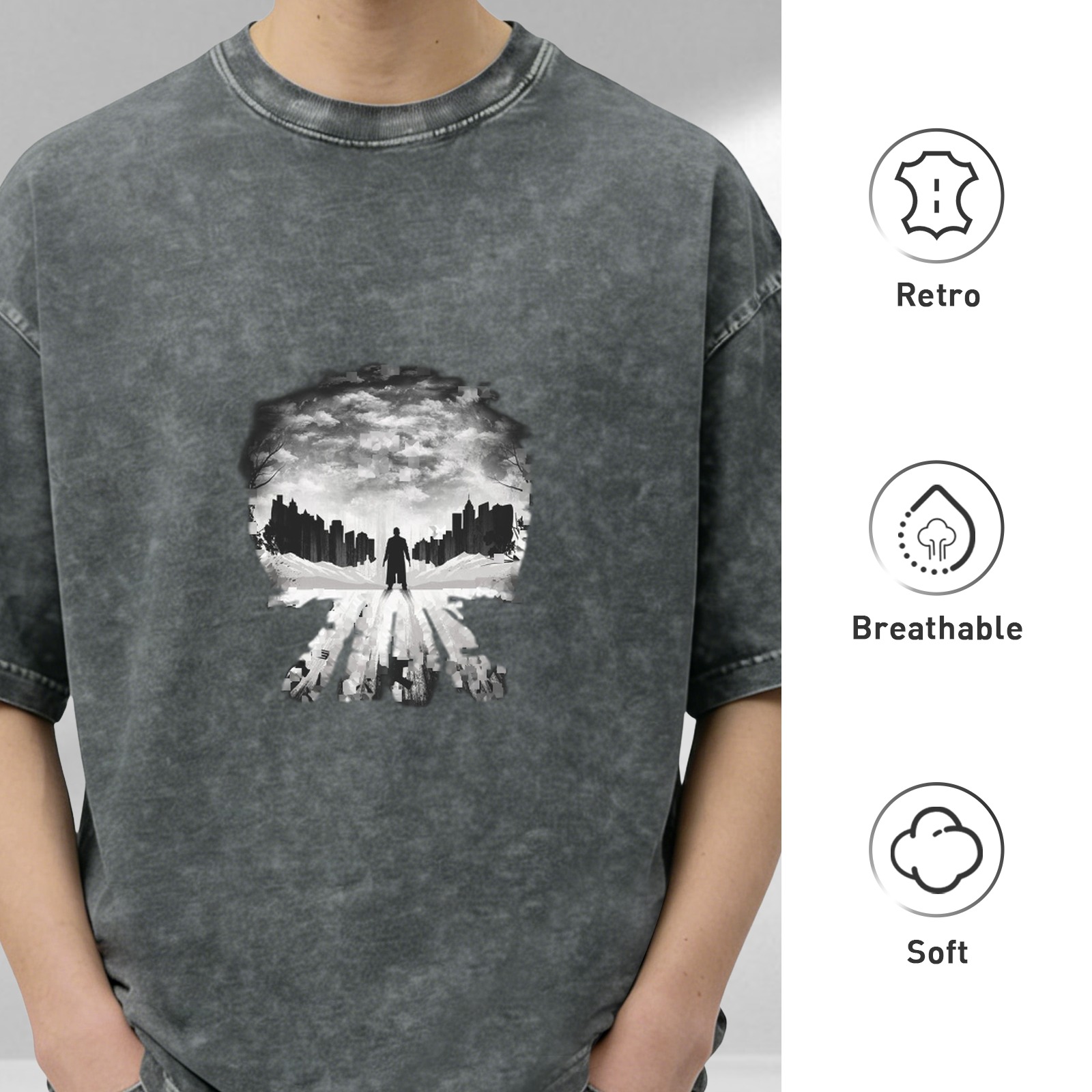 Oversized Acid Wash T-Shirt With Skull Silhouette Cityscape Graphic