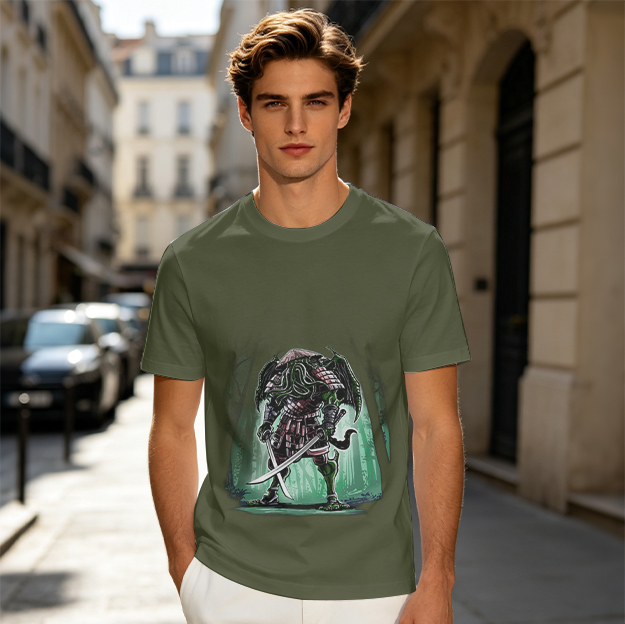Olive T-Shirt With Samurai Cthulhu Warrior Graphic Print