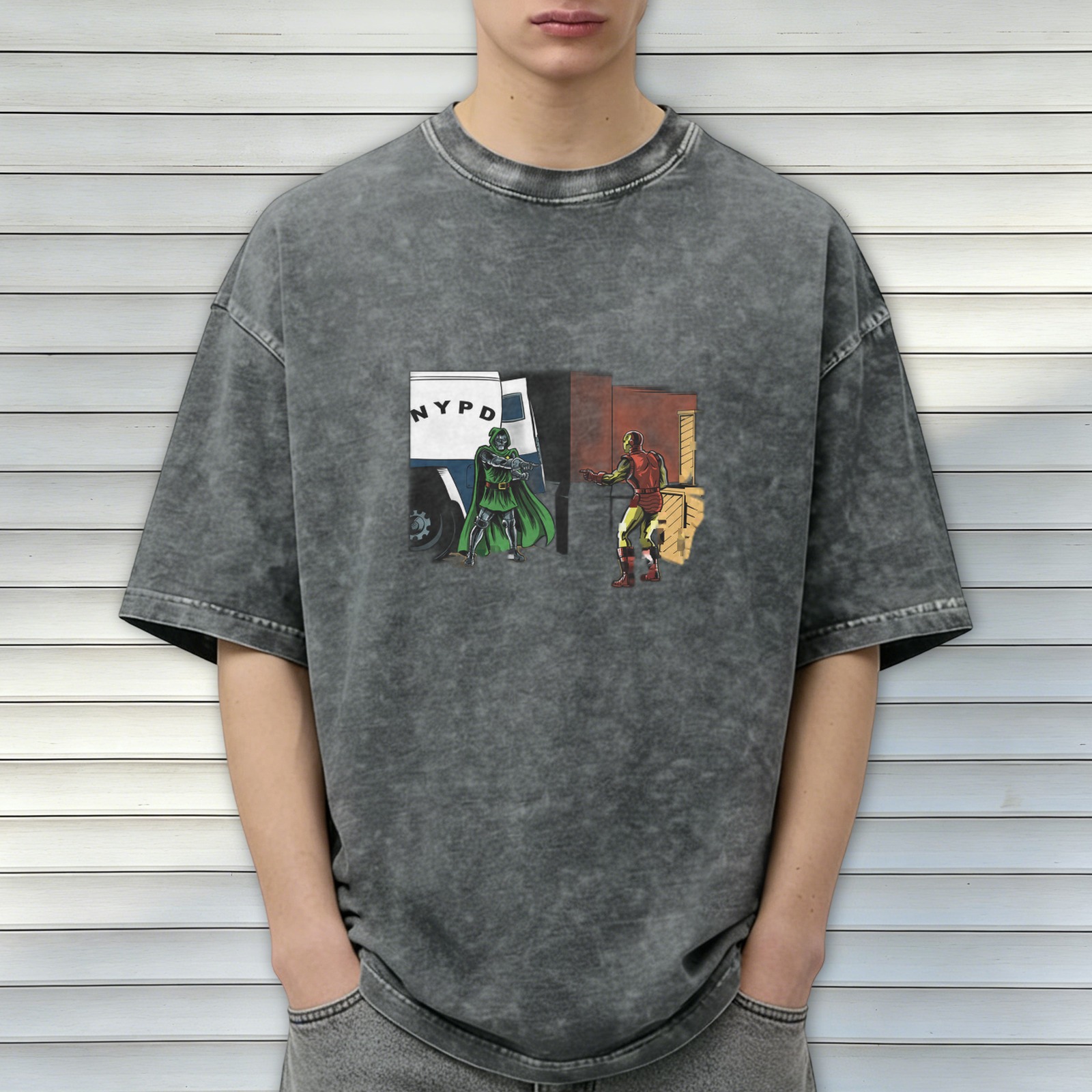 Oversized Acid Wash Graphic T-shirt with Comic Superhero Print