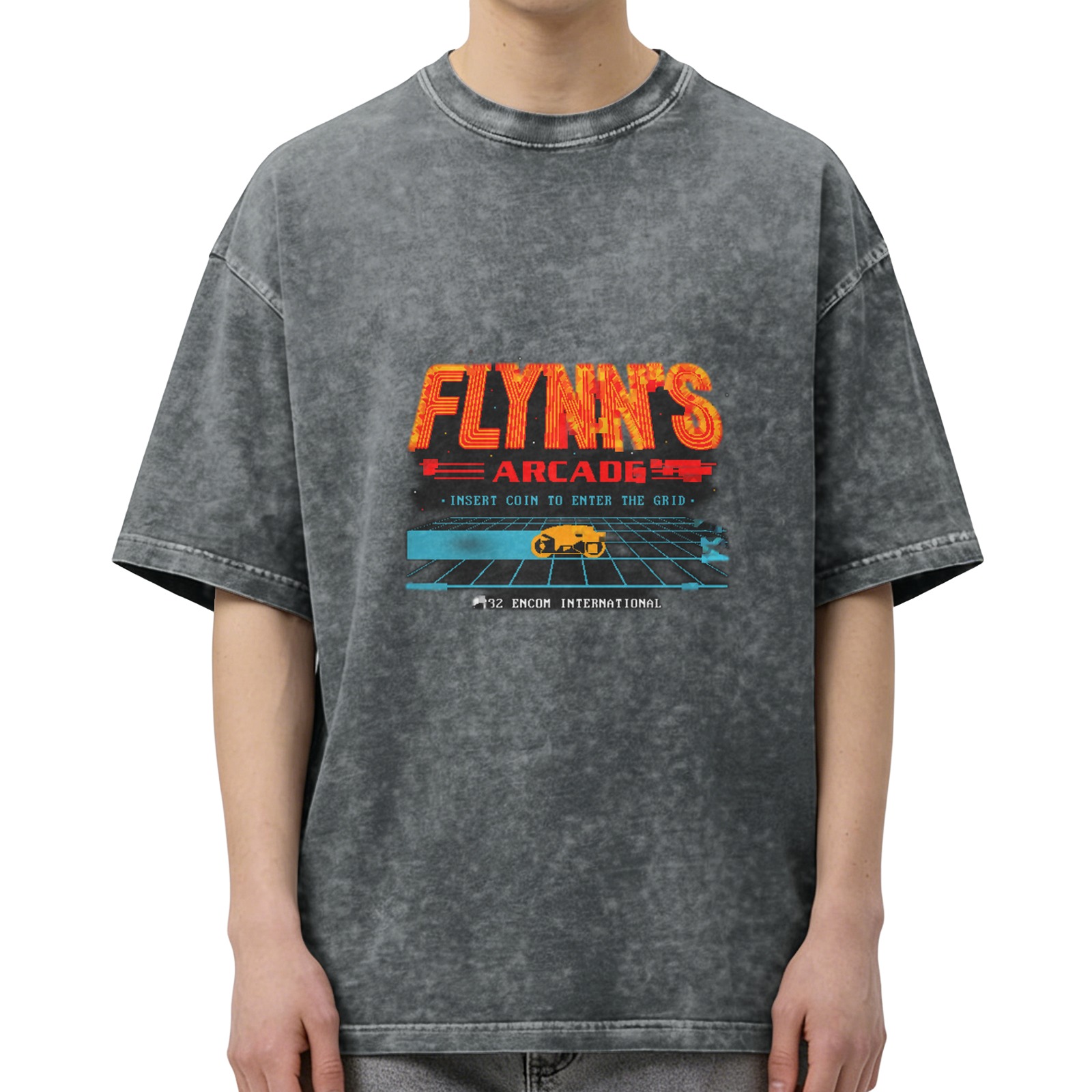 Flynn's Arcade retro distressed washed black short-sleeved T-shirt TRON themed game printed top