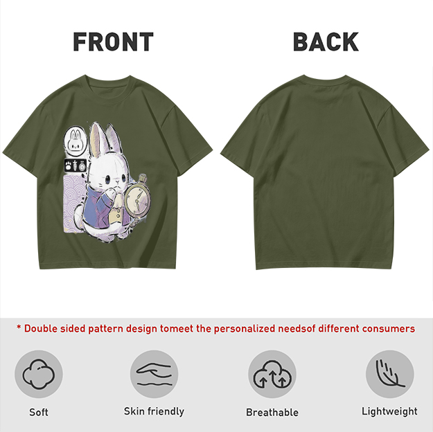 Olive T-Shirt With White Rabbit Holding Pocket Watch Print